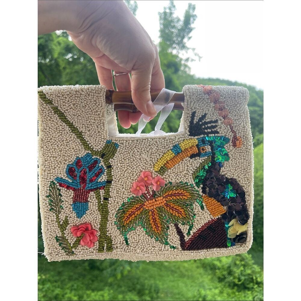 Beaded Toucan Embellished Handbag - Cream